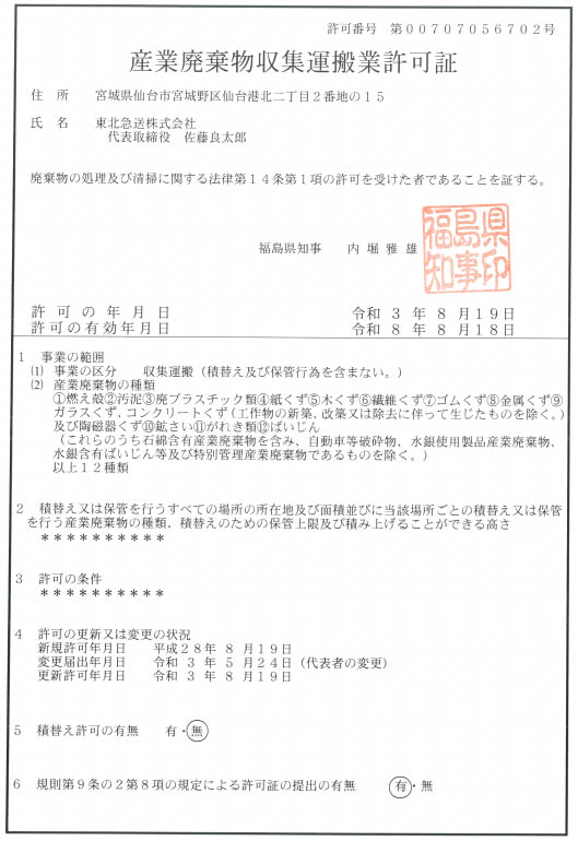 2023 06 01 Collection Transportation Permit Fukushima 109sendai